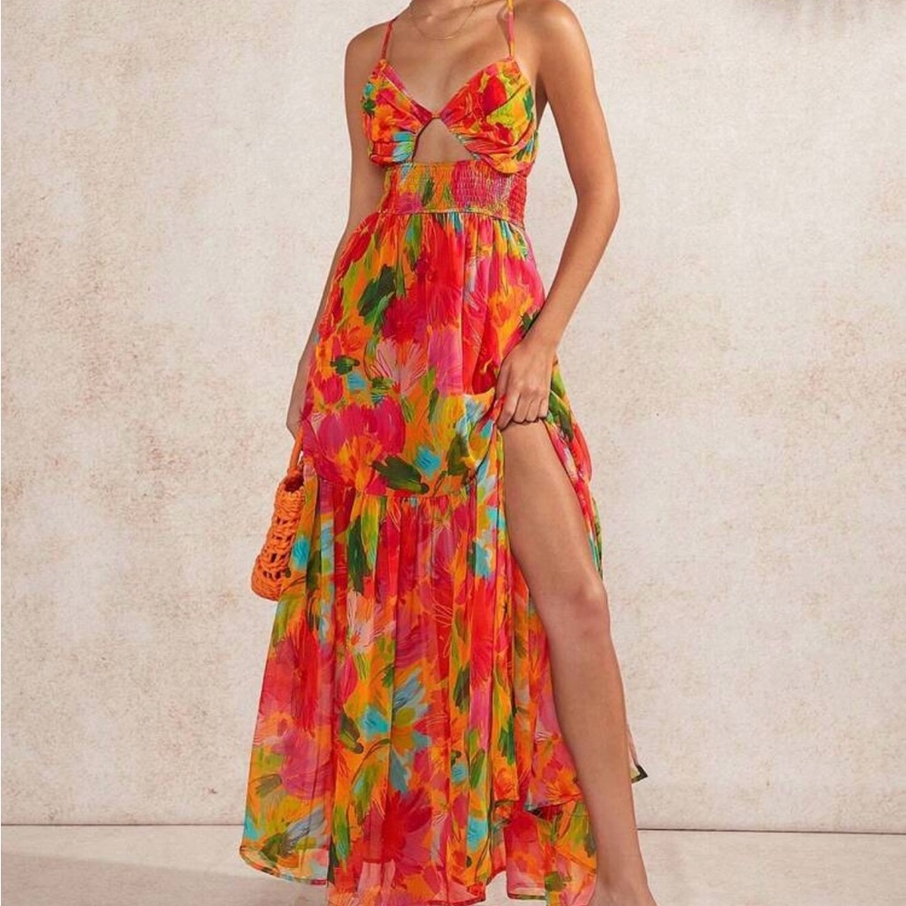 Colorful Floral Maxi Dress with Cutout Design